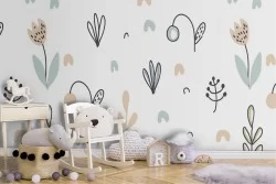 Carta da Parati funghi e foglie stilizzati natura bambini.