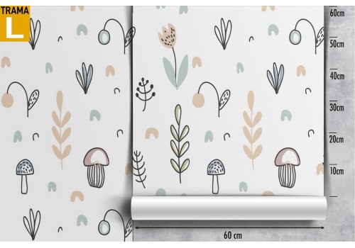 Carta da Parati funghi e foglie stilizzati natura bambini. 2