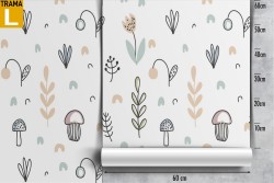 Carta da Parati funghi e foglie stilizzati natura bambini.