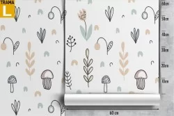 Wallpaper with stylized mushrooms and leaves nature children.