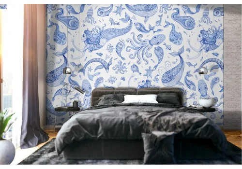 Mermaid and marine animals nature pattern wallpaper.