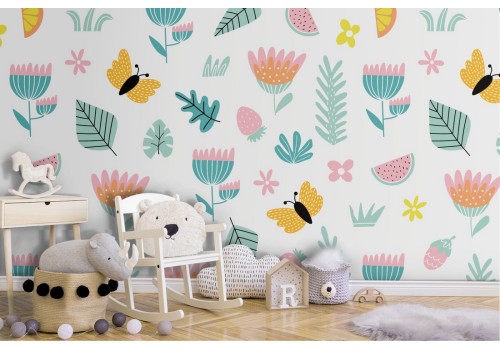 Wallpaper with stylized flowers and butterflies pattern for children.