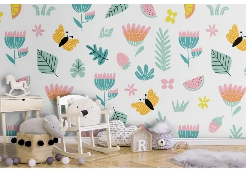 Wallpaper with stylized flowers and butterflies pattern for children.
