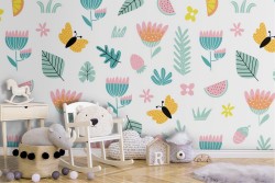 Carta da Parati fiori e farfalle stilizzate bambini pattern.