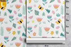 Wallpaper with stylized flowers and butterflies pattern for children.