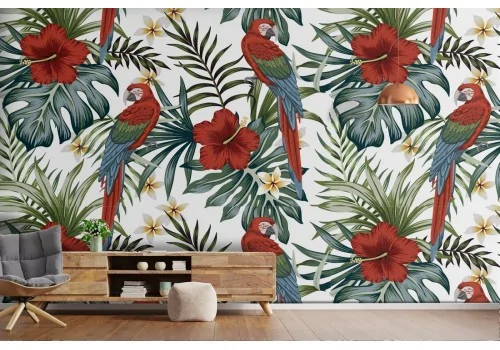 Tropical flowers and parrots nature pattern wallpaper.