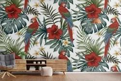 Tropical flowers and parrots nature pattern wallpaper.