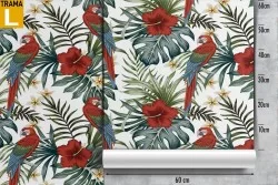Tropical flowers and parrots nature pattern wallpaper.