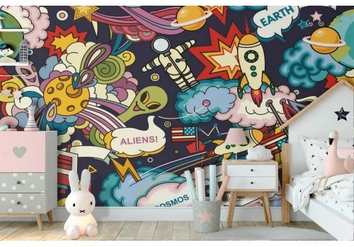 Children's wallpaper with rockets and space pattern writings.