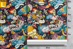 Rocket and space writings children's wallpaper pattern.