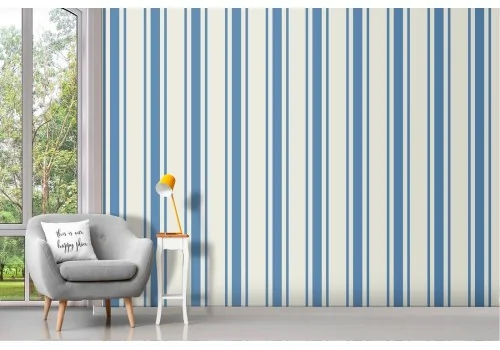 Wallpaper with white and blue stripes classic pattern.