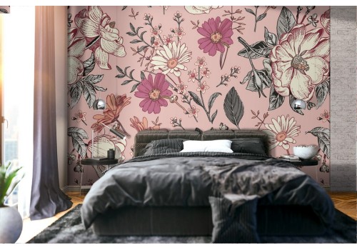 '70s nature wallpaper with white and pink flowers.