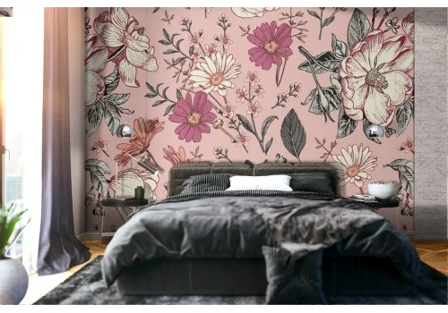 '70s nature wallpaper with white and pink flowers.