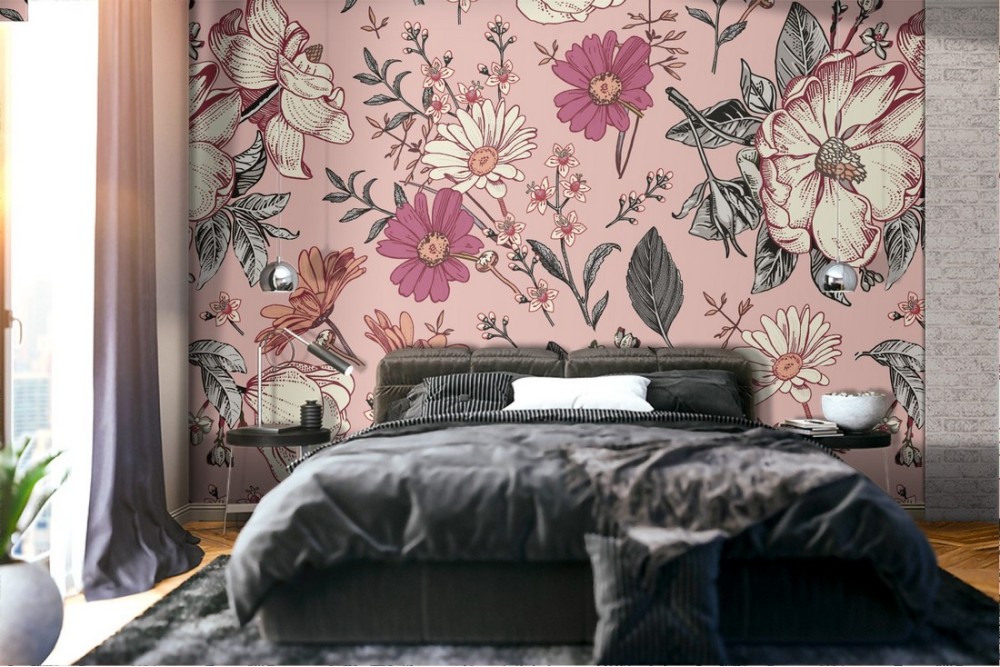 '70s nature wallpaper with white and pink flowers.