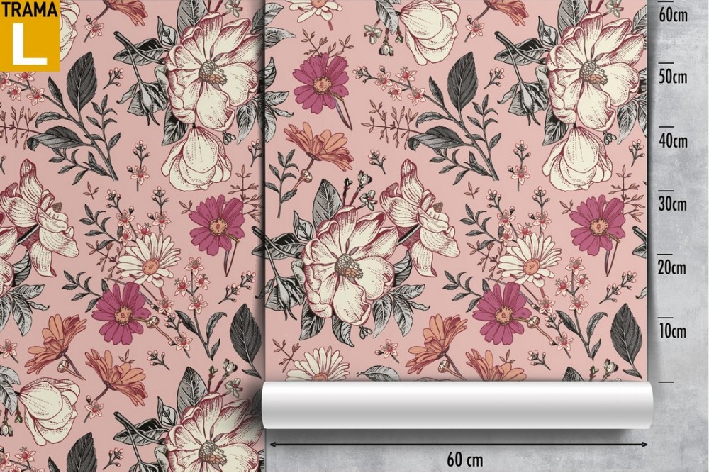 '70s nature wallpaper with white and pink flowers.