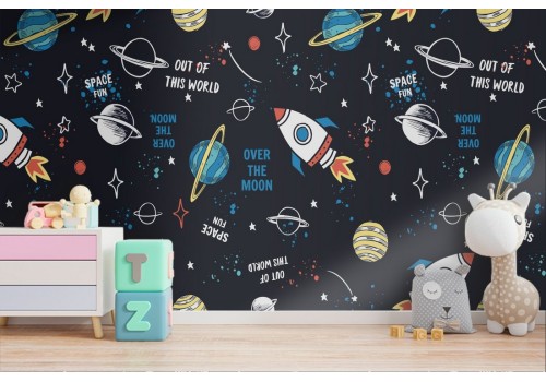 Wallpaper rockets and planets children's decoration.