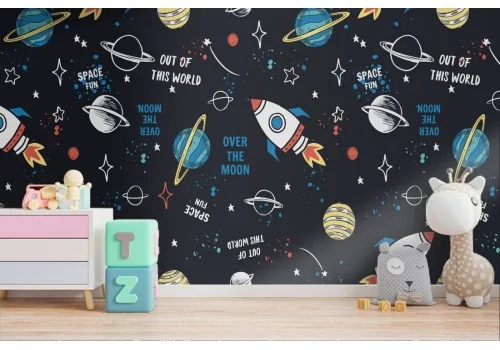 Wallpaper rockets and planets children's decoration.