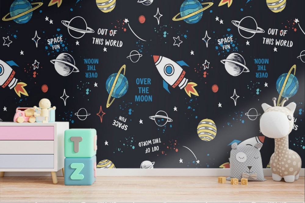 Carta da Parati razzi e pianeti decorazione bambini.