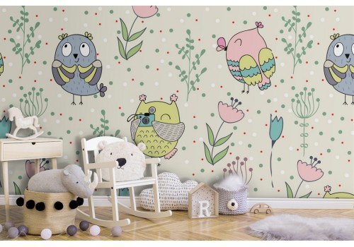 Wallpaper with birds and flowers decoration for children.