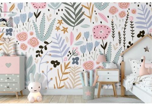 Floral and leaf nature wallpaper for children's decoration.
