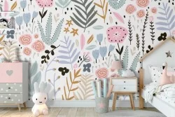 Floral and leaf nature wallpaper for children's decoration.