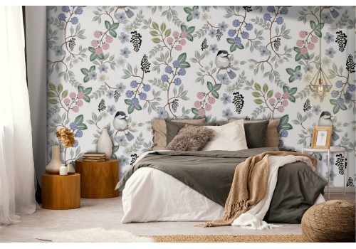 Wallpaper with little birds and nature leaf decoration.