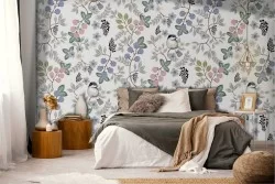 Wallpaper with little birds and nature leaf decoration.