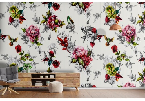 Carta da Parati rose rosse natura pattern raffinato.