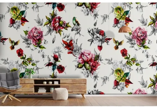 Carta da Parati rose rosse natura pattern raffinato.