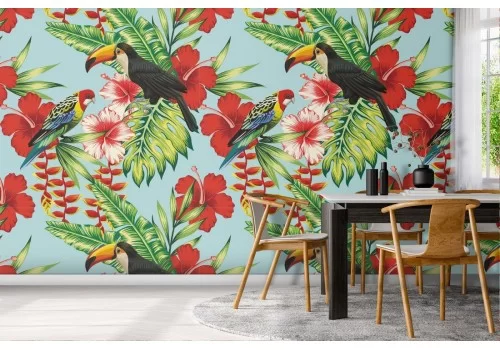 Carta da Parati fiori e uccelli tropicali decorazione.
