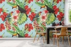 Tropical flowers and birds wallpaper decoration.
