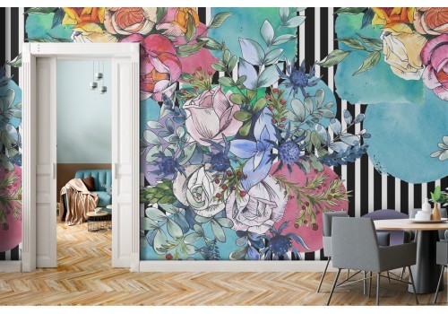 Wallpaper with stylized flowers and 70's stripes pattern.