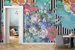 Wallpaper with stylized flowers and 70's stripes pattern.