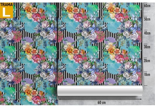 Wallpaper with stylized flowers and 70's stripes pattern. 2