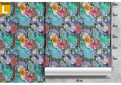 Wallpaper with stylized flowers and 70's stripes pattern. 2