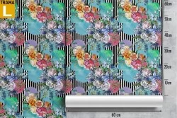Wallpaper with stylized flowers and 70's stripes pattern.