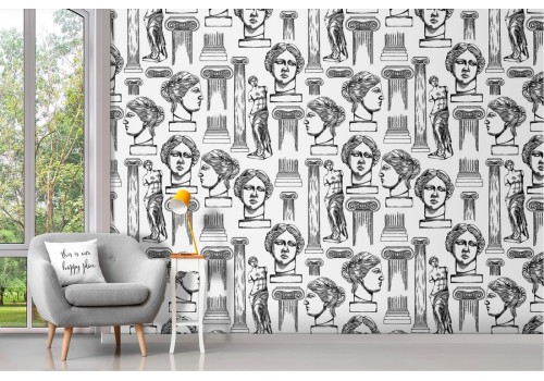 Wallpaper with vintage decoration of statues and columns.