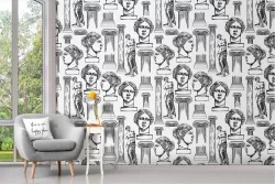 Wallpaper with vintage decoration of statues and columns.