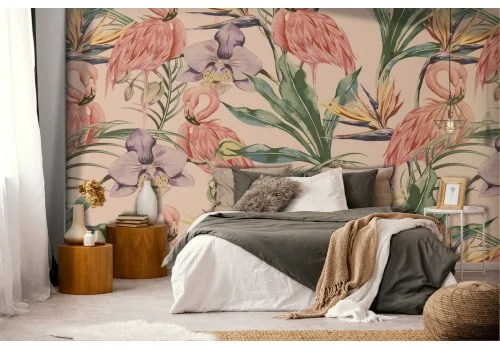 Flamingo and tropical flowers wallpaper nature decoration.