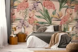 Carta da Parati fenicotteri e fiori tropicali natura decorazione.