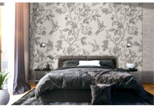 Wallpaper with birds and flowers nature decoration.