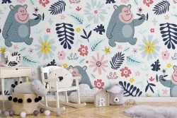 Carta da Parati scimmiette e foglie decorazione bambini.