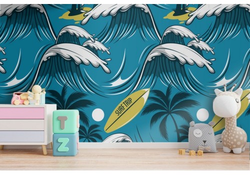 Wallpaper with waves and surfboards ocean decoration.