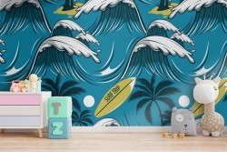 Wallpaper with waves and surfboards ocean decoration.