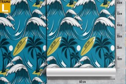 Wallpaper with waves and surfboards ocean decoration.