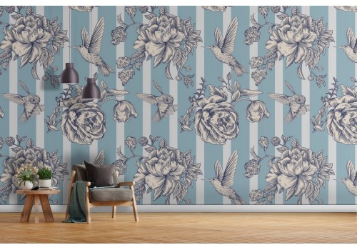 Wallpaper decoration vintage roses and blue stripes.