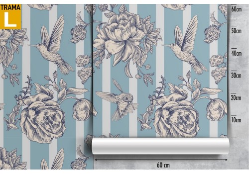 Carta da Parati decorazione rose vintage e righe azzurre. 2