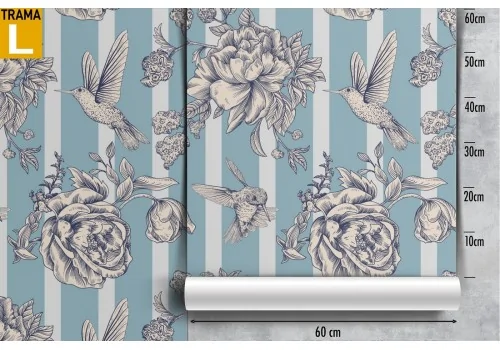 Carta da Parati decorazione rose vintage e righe azzurre. 2