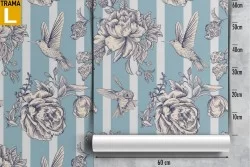 Carta da Parati decorazione rose vintage e righe azzurre.