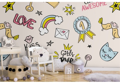 Wallpaper with children's writings and decorations pattern.